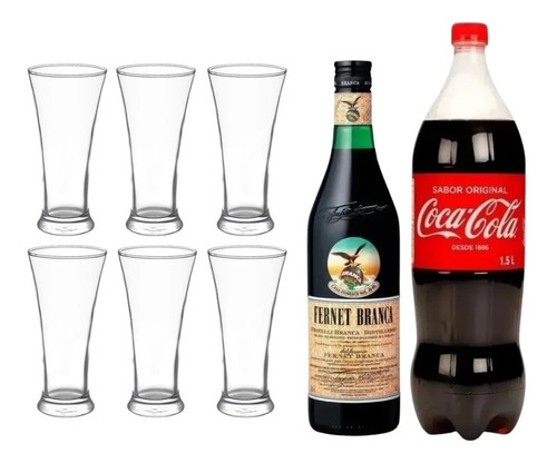 Imagen 1 de 7 de Fernet Botella 750ml + Coca Cola 1,5lt + 6 Vasos Super Pinta
