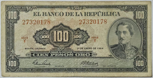 Billete 100 Pesos 01/ene/1964 Colombia F-vf