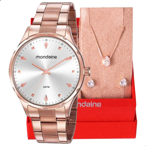 Relogio Feminino Analógico Mondaine Original Colar Brincos