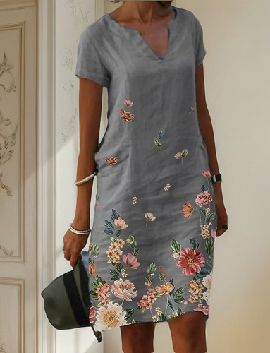 Vestido Casual Con Flores De Algodón Y Lino Para Mujer, Tall