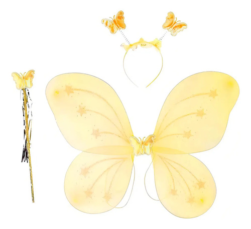 Asa De Borboleta Fantasia Infantil Fada Tiara Asa Varinha Cor Amarelo