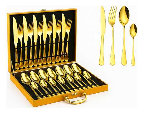 Elegante Set Clásico De Cubiertos Dorados 24 Piezas. Acero I Dorado