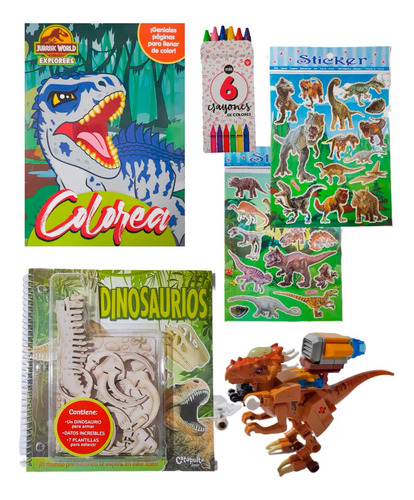 Pack Dinos: Revista + Crayones +stickers + 2 Dinos P/ Armar