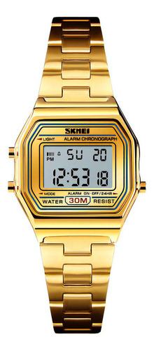 Reloj Mujer Skmei 1415 Acero Alarma Cronometro Elegante Color De La Malla Dorado Color Del Fondo Blanco