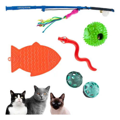 comprar Kit X5 Juguetes para Gatos: Caña de Pescar, Pelotas con Cascabel, Lamedero antiansiedad , Pelota de Goma y Dispensador de Alimentos, Energy Plus.