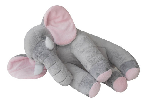 Almofada Travesseiro Elefante Bebê Pelúcia Cinza Rosa 80cm