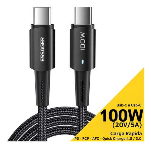 Cable Tipo C Essager 5A Carga Rapida 100W Para iPhone 15/ MacBook/ Samsung/ Huawei/ Dell/ Hewlett Packard/ Lenovo