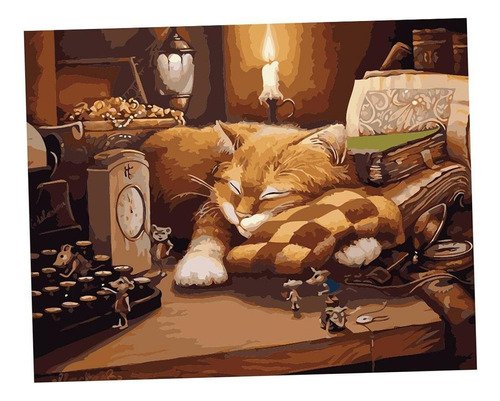 Pintura Al De La Lona Del Trabajo Hecho A Mano Gato Dormido