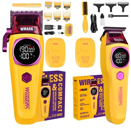 Kit Wmark Cortadora De Pelo Carga Inalámbrica Ng-8004 + Trimmer Con Pantalla Led 7500 Rpm Amarilla