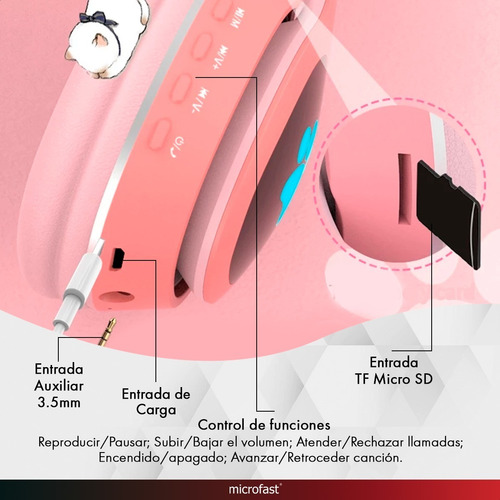 Auriculares Headset Bluetooth Oreja Luz Led Gato Micrófono