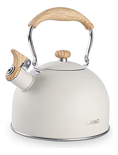 Tetera Pava 2.5l Acero Inox. Madera, Mango Plegable. Blanca.