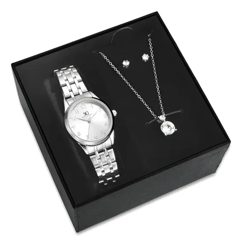 Kit Relógio Colar E Brincos Ponto De Luz Feminino Luxo Silver Saint Germain Presente Original Joias Prata Elegante Clássico 28mm Prateado