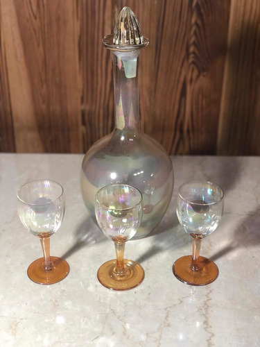 Botellón Antiguo Con 3 Copas Haciendo Juego. Licorera (Usado)