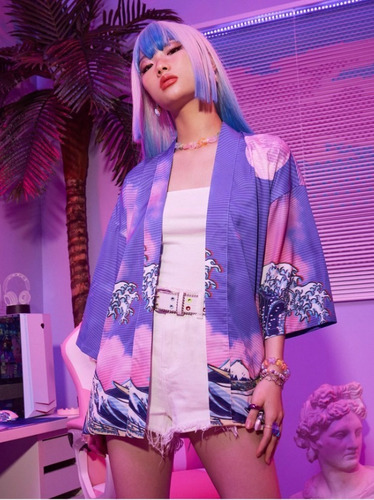 Kimono Oversize Estampado, La Gran Ola De Kanagawa, Dama