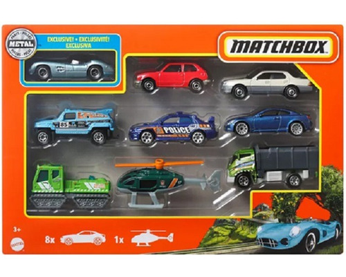 Juego Carros Matchbox Paquete 8 Carros 1 Helicóptero Hfl59