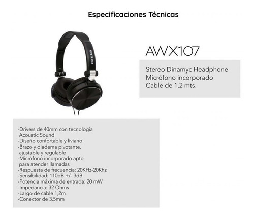 Auriculares Aiwa Stereo Dinamico Negro- Aw-x107b