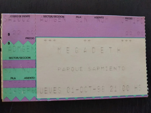 Entrada Megadeth 1998 Parque Sarmiento