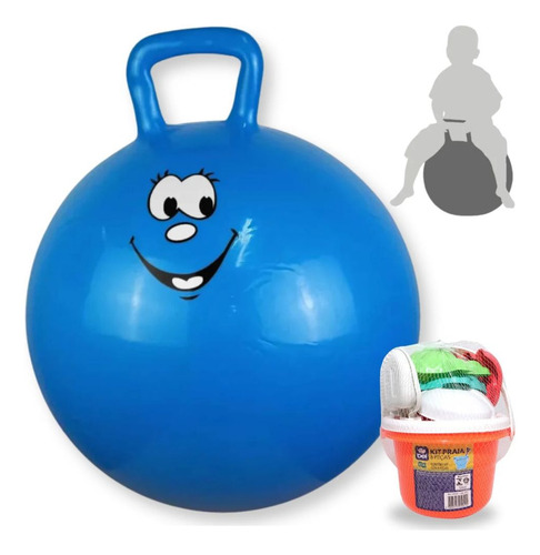 Bola Pula Pula 60 Cm Azul Alça + Baldinho De Praia Colorido
