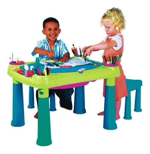 Mesa Para Niños Con Sillas Con Baulera Para Juguetes Color Azul