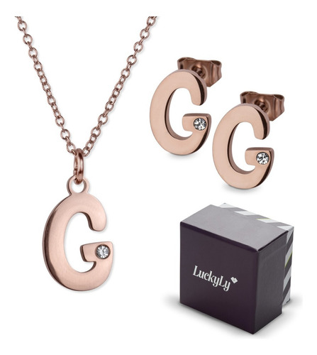 Set Joyería Mujer, Aretes Collar Inicial Letras Luckyly Color G