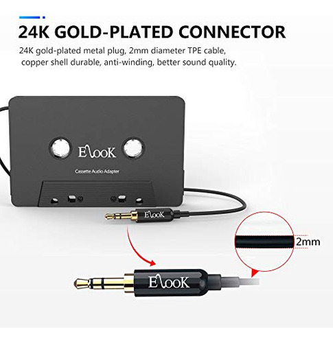 Adaptador Cassette Coche Elook Aux, 3.5mm Cable Audio