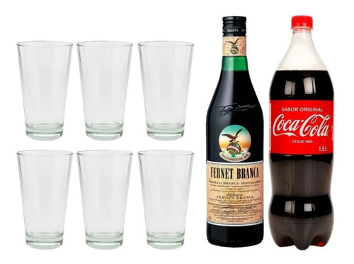 Imagen 1 de 7 de Fernet Botella 750ml + Coca Cola 1,5lt + 6 Vasos Super Pinta