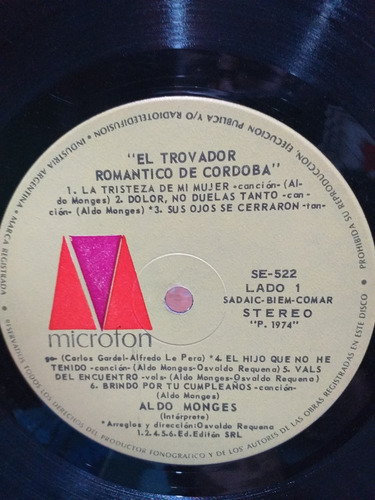 Disco Vinilo. Aldo Monges. El Trovador Romántico De Córdoba (Usado)