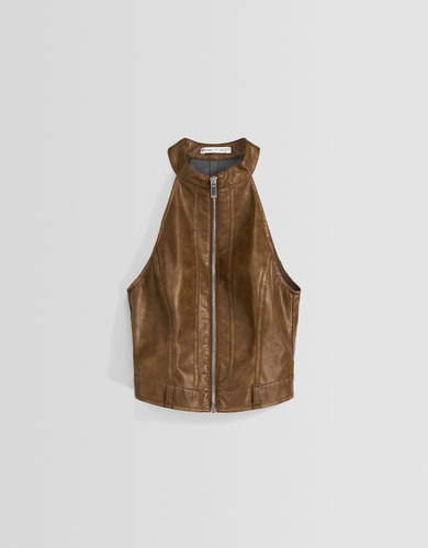 Remera Bershka Top Cuello Halter Simil Cuero