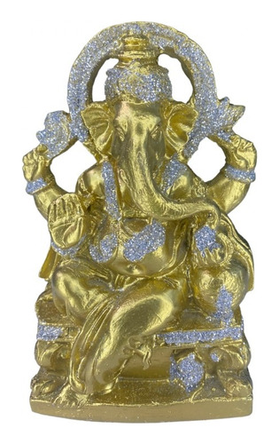 Escultura Deus Ganesha Com Arco Prosperidade Dourada 14cm
