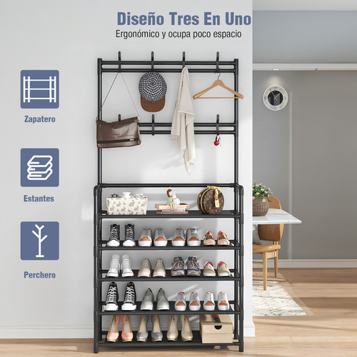 Zapatero 5 Niveles Perchero Acero Metálico Organizador 2 En 1 Armable Con 8 Ganchos Negro,estante Para Zapatos