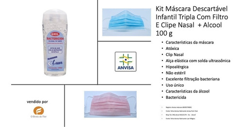 Kit 100 Máscara Infantil Tripla Clipnasal Filtro Alcool 100g