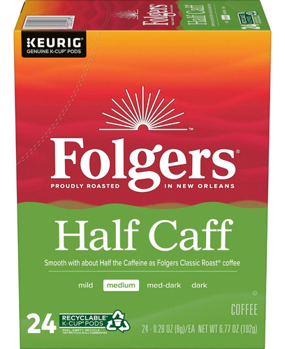 Folgers 1/2 Caff Coffee,medium Roast K-cup Pods,24 Count Box