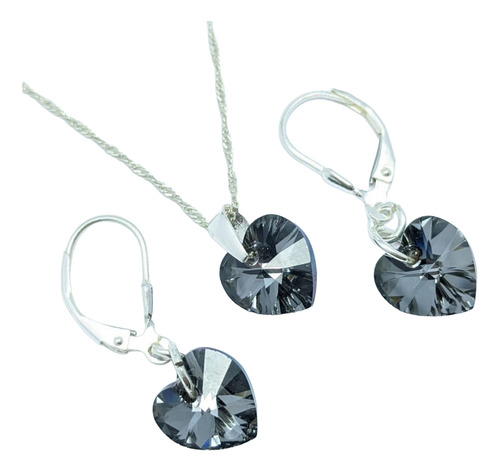 Conjunto Con Cristal Corazón 10mm Plata 925 Silver Night
