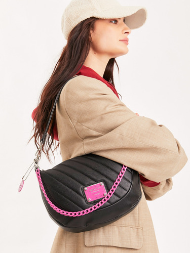 Cartera De Hombro Andes Chica Tote Juanita Jo Mujer Dama Negro Con Fucsia Lisa