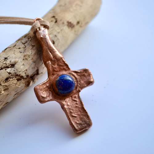 Imagen 3 de 7 de Collar Cruz De Piedra Preciosa Natural Lapis Lazuli , Cod1
