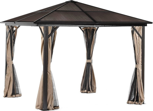 Gazebo Para Patio 10x10ft Con Techo Rigido Marron Yitahome