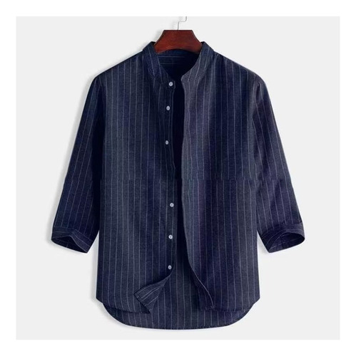 Camisa De Lino A Rayas Con Cuello Alto Y Manga Tres Cuartos