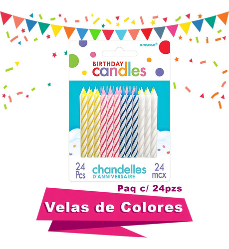 Velas De Cumpleaños Colores Marca Amscan Paquete / 24 Piezas