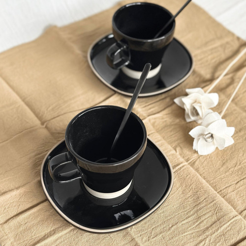 Juego De 6 Tazas De Te Con Plato Negro - Linea Mali