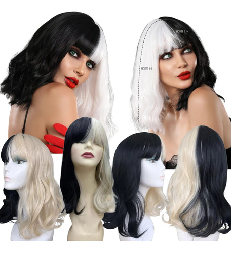 Peruca Fibra Orgânica Cruela Dalmatas Personagem + Wig Cap