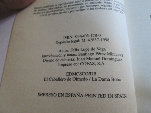 El Caballero De Olmedo La Dama Boba, Lope De Vega (Usado)