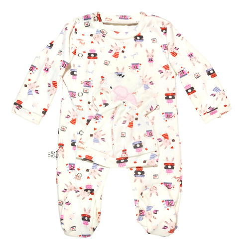 Enteritos De Algodón Para Bebé Unisex Con Gorrito. Bubujitas Crema 4 Kg A 6 Kg Conejitos Rosas