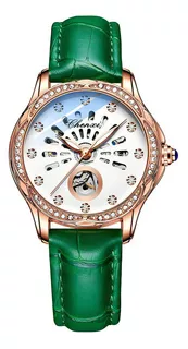 Elegante relógio mecânico de couro de diamante Chenxi - cor de pulseira verde