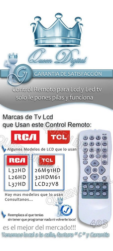 Imagen 2 de 9 de Control Remoto Para Tcl Rca L37hd L32hd 26m91hd Hdm61 L26hd