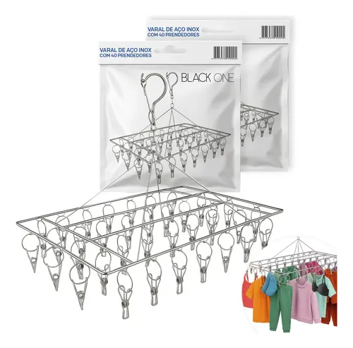 Kit 2 Varal Inox Polido 40 Prendedores Roupas Teto Casa Apartamento Alta Durabilidade Cinza