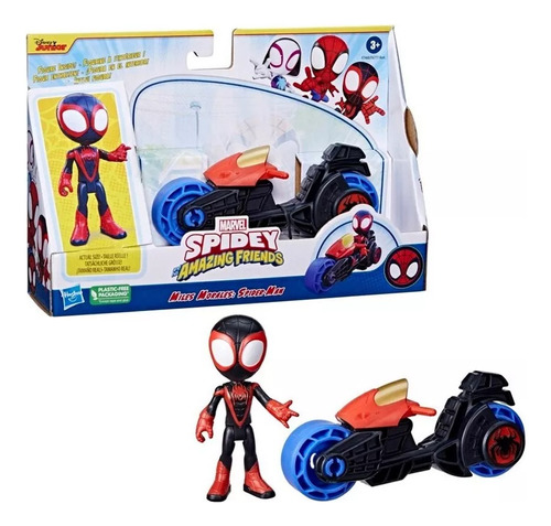 Figura Spidey Amazing Friends Miles Morales Con Moto Negro