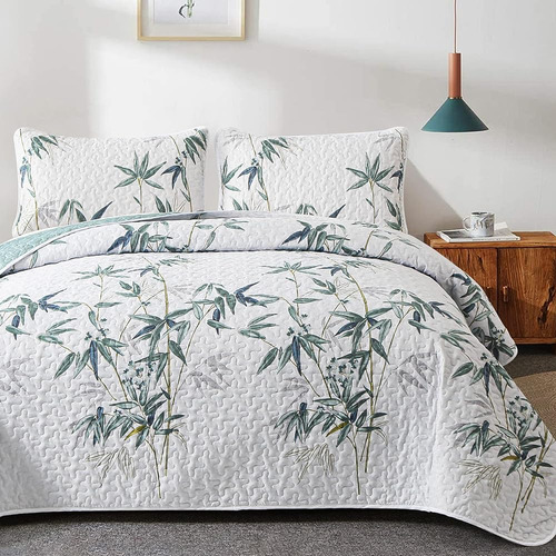 Djy Botanical Quilt Set Queen Size, Green Bamboo Leaves Reve