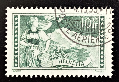 Suiza, Sello Yv 245 10fr Verde Gris 1930-31 Usado L15228