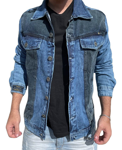 Jaqueta Jeans Azul Detalhes Bicolor Masculina Moda Inverno