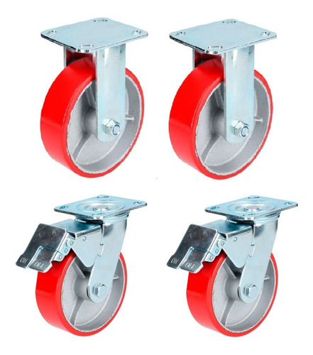 Rueda Rodaja 6'' Poliuretano 2 Fija + 2 Giratoria Con Freno